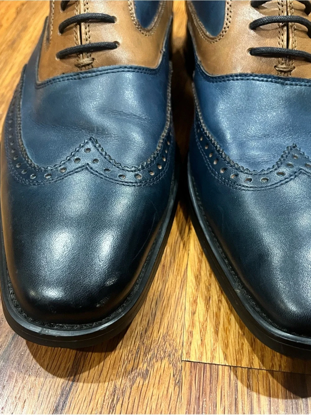 La Milano Men's Two Tone Wingtip Oxford Dress Shoes Navy Cognac Leather Size 10